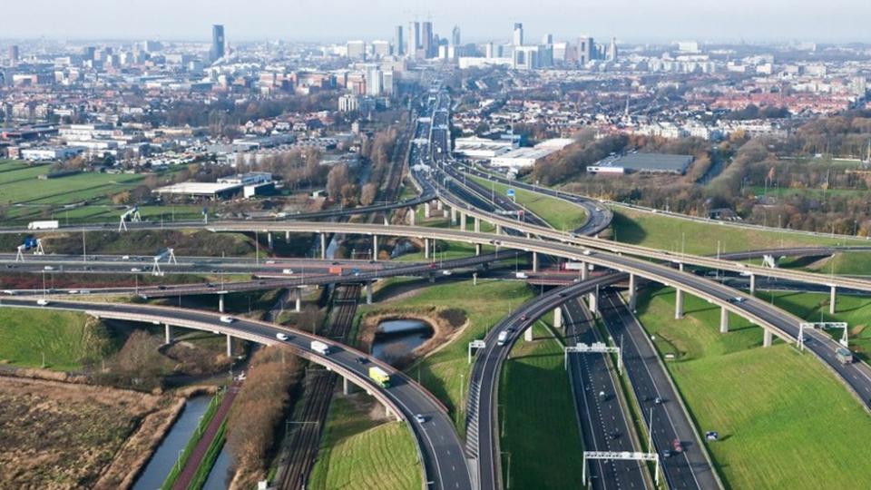 Photo of Dutch landscape with highway intersections, aireal view