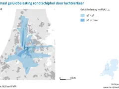 De kaart toont de landingsbanen en de omgeving van Schiphol. Op de kaart zijn voor 2024 de gebieden rond de luchthaven weergegeven met een geluidbelasting van 48 -58 dB(A) Lden en van 58 dB(A) Lden of meer.  