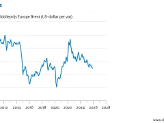 De lijngrafiek laat de ontwikkeling zien van de prijs van een vat aardolie (Europe Brent) van 2010 tot en met 2025. Over de jaren heen zijn er grote fluctuaties te zien. In 2012 was een vat aardolie het duurst, 125 dollar, en in 2020 het goedkoopst, 27 dollar. Eind 2025 kostte een vat aardolie 61 dollar. 