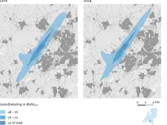 De figuur toont twee kaarten met de landingsbanen en de omgeving van Eindhoven Airport. De  eerste kaart laat voor 2018  de gebieden rond de luchthaven zien met een geluidbelasting van 48 -56 dB(A) Lden, 56 – 70 dB(A) Lden en 70 dB(A) Lden of meer.  De tweede kaart laat die gebieden zien voor 2024.