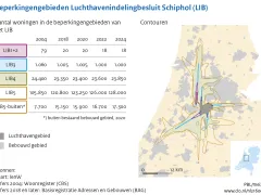 De figuur toont een kaart met contouren van verschillende beperkingengebieden rond de luchthaven Schiphol. In de tabel bij de kaart staat per beperkingengebied het aantal woningen  in de jaren 2004, 2018, 2020, 2022 en 2024.