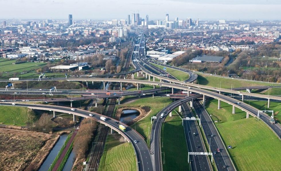 Photo of Dutch landscape with highway intersections, aireal view